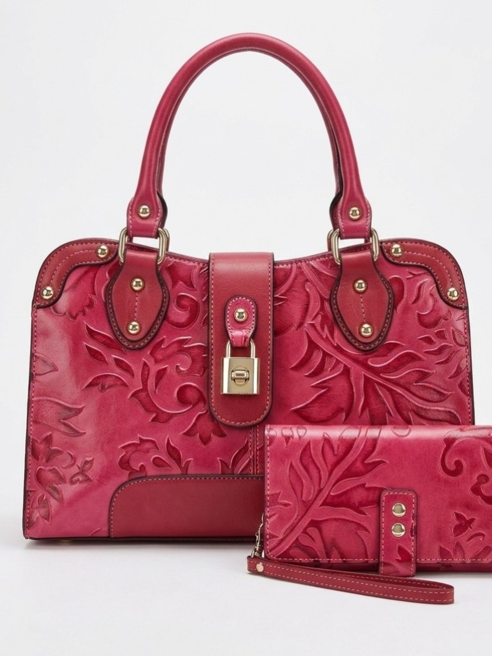Madi Claire Women's Red Embossed Leather Satchel and Wallet Set